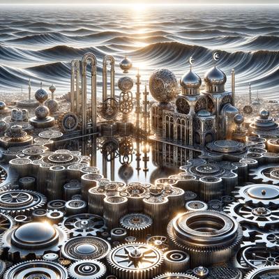 The primary subject of the image is a large, intricate clock tower. The setting is a vast ocean, with the clock tower towering over the water. The visual style is digital art, as the clock tower is depicted in a futuristic and surreal manner. The colors and mood of the image are predominantly silver and blue, giving the scene a sense of elegance and sophistication.